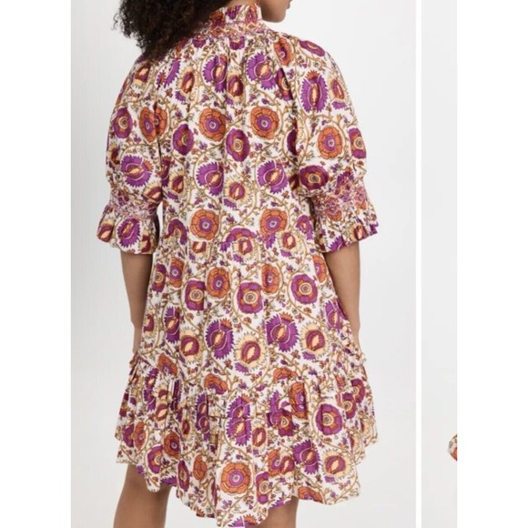 Figue Halima Sz L 100% Cotton Floral Smocked Neckline Tiered Lined Boho Dress - Picture 5 of 16